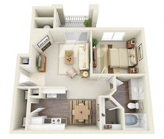 Sisley 1 Bedroom 1 Bathroom 3D Floor Plan Sisley 1 Bedroom 1 Bathroom 3D Floor Plan